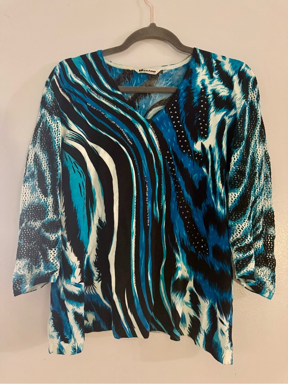 NYGÅRD Teal Blue & Black Abstract Animal Print Blouse Mesh Sleeves & Rhinestones